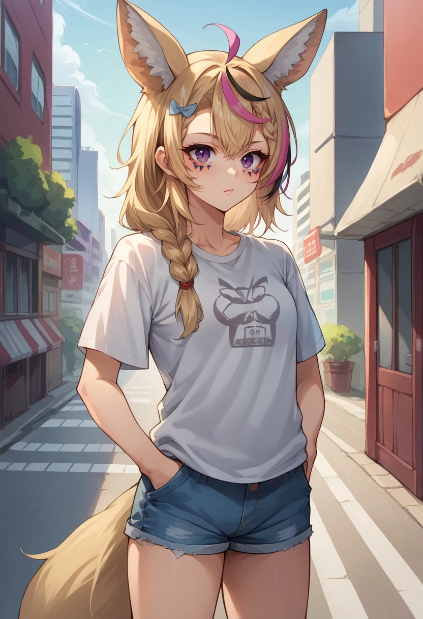 score_9, score_8_up, source_anime, 1girl, solo, OmaruPolka, streaked hair, fox ears, facial mark, long hair, side braid, purple eyes, fox tail, t-shirt, denim shorts, standing, outdoors, city, hands in pockets, <lora:ChamOmaruPolkaPonyXL:1>