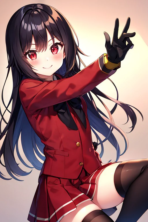 henshin pose, red eyes, 1girl, long sleeves, gloves, skirt, black hair, blush, long hair, smile, thighhighs