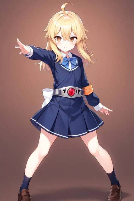 henshin pose, brown eyes, ahoge, rider belt, school uniform, POV, dress, bow, full body, blonde hair, hair between eyes