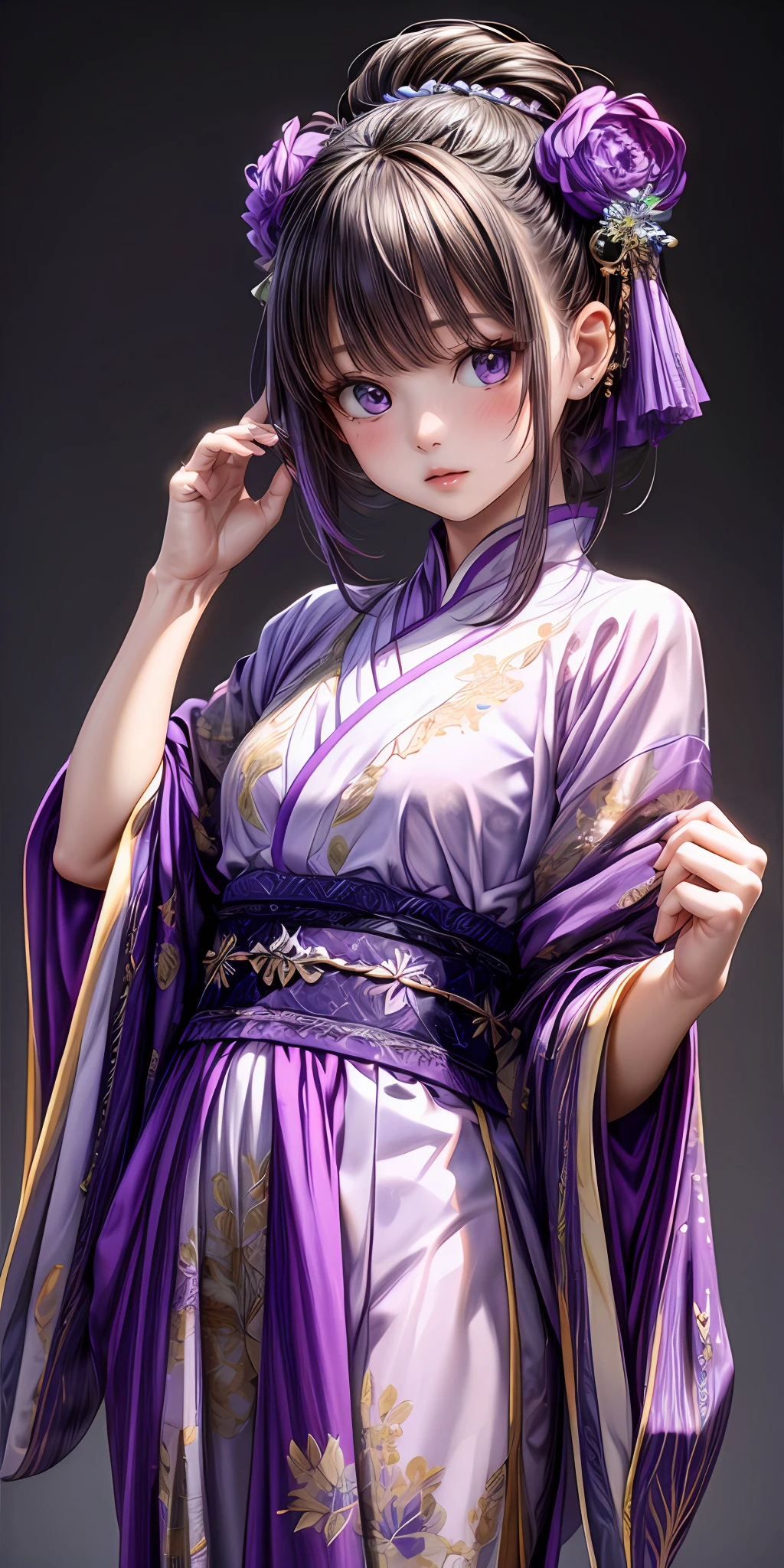 (masterpiece,ultra-detailed,best quality,8K,CG,illustration,shaved:1.0),(ite girl:1.0) <lora:more_details:1>, simple background,
<lora:jyoji fuku v19.0:0.6> jyojifuku, hair ornament,purple clothes