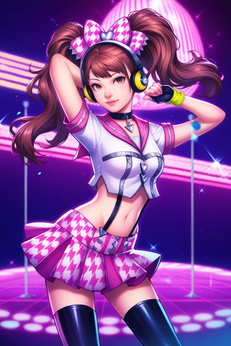 score_9, score_8_up, score_7_up, BREAK, 1girl, solo, breasts,  <lora:diabolumberto-guy-PONYv1:1>,   <lora:persona4_kujikawa_ponyXL:0.95> kujikawadancing, twintails, hair bow, headphones, white shirt, crop top, short sleeves, suspenders, pink skirt, black thighhighs, fingerless gloves, single glove, choker, midriff, dancing, disco ball, dance floor, neon lights,