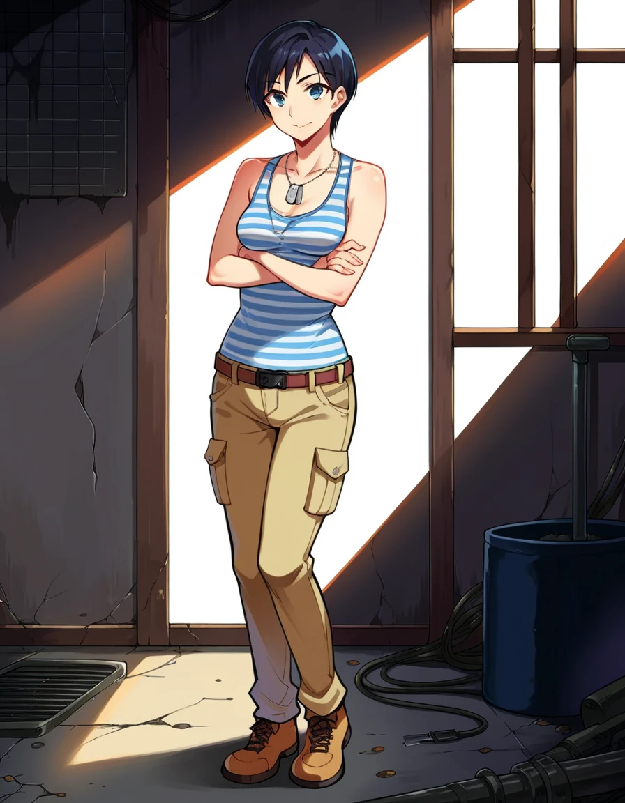 score_9,score_8_up,score_7_up BREAK source_anime,1girl,annametro,<lora:AnnaPony-000110:0.9>,solo, standing,full body,looking at viewer,striped tank top,dog tags,pants,happy,:d,indoors,in concrete room,bunker,black hair,small breasts,crossed arms,underground