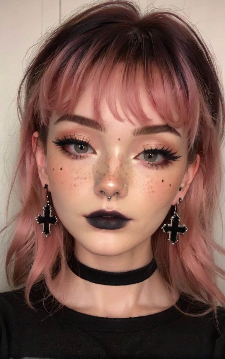 alt girl, (best quality, masterpiece, aesthetic, colorful, dynamic angle, detailed), (shiny skin, detailed face, freckles), portrait selfie photo of woman with dyed hair wearing black cross earrings, makeup, eyeliner, black t-shirt, best aesthetic, soft light <lora:alt_fashion:0.6>