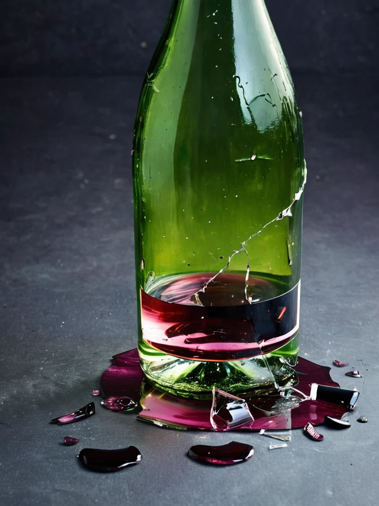 realistic  cinematic photo, source_science. still life, cracked broken wine bottle, spill