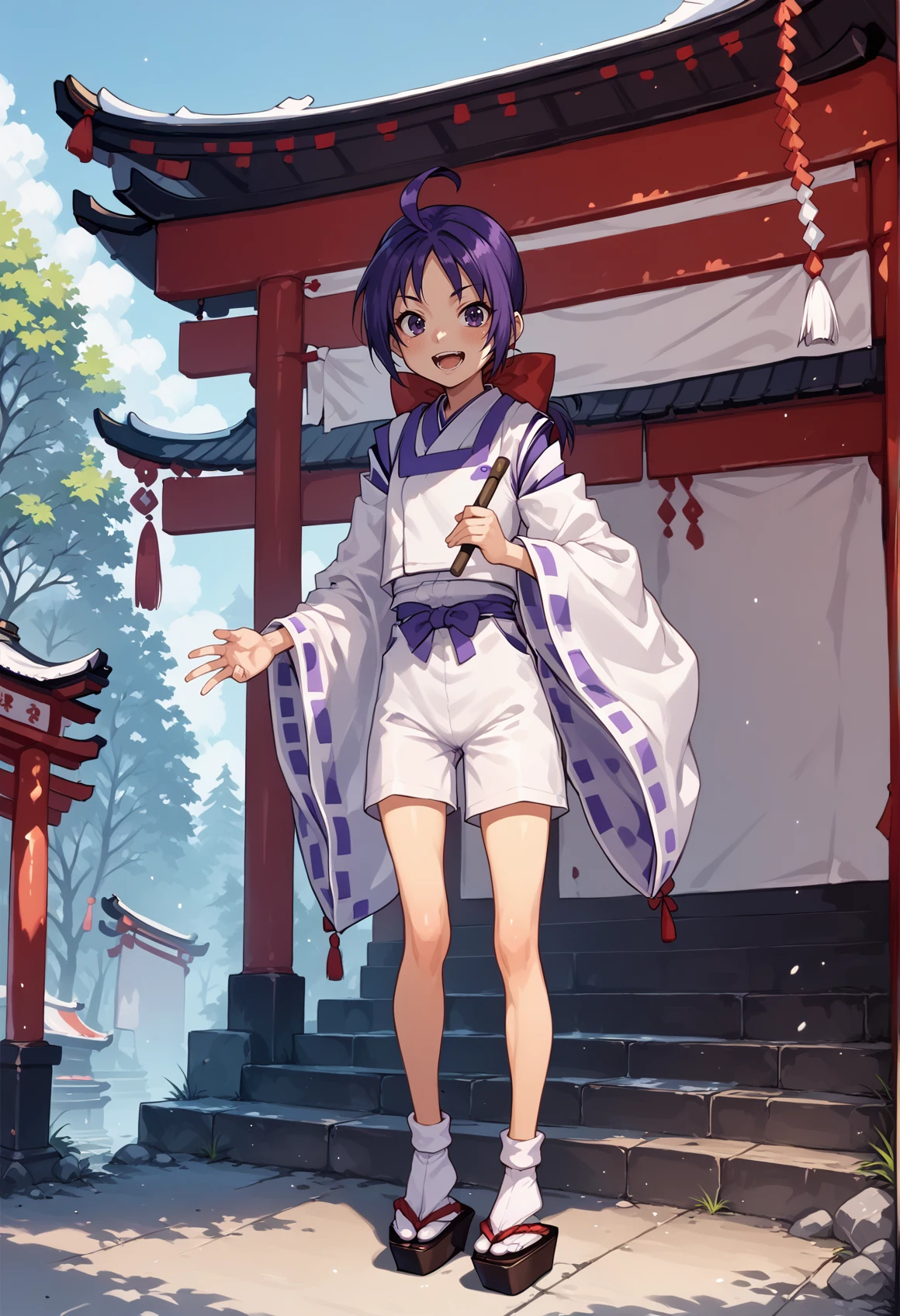 1girl, long hair, purple hair, ahoge, low ponytail, ribbon, purple eyes, japanese clothes, wide sleeves, onmyouji, shorts, tabi, sandals, ribbon-trimmed sleeves, white socks, gohei, holding gohei, shikigami, outdoors, japanese shrine,  <lora:Akari_Ichijou_Last_Blade_XL:1>, score_9, score_8_up, score_7_up, score_6_up, score_5_up, score_4_up, BREAK source_anime, masterpiece