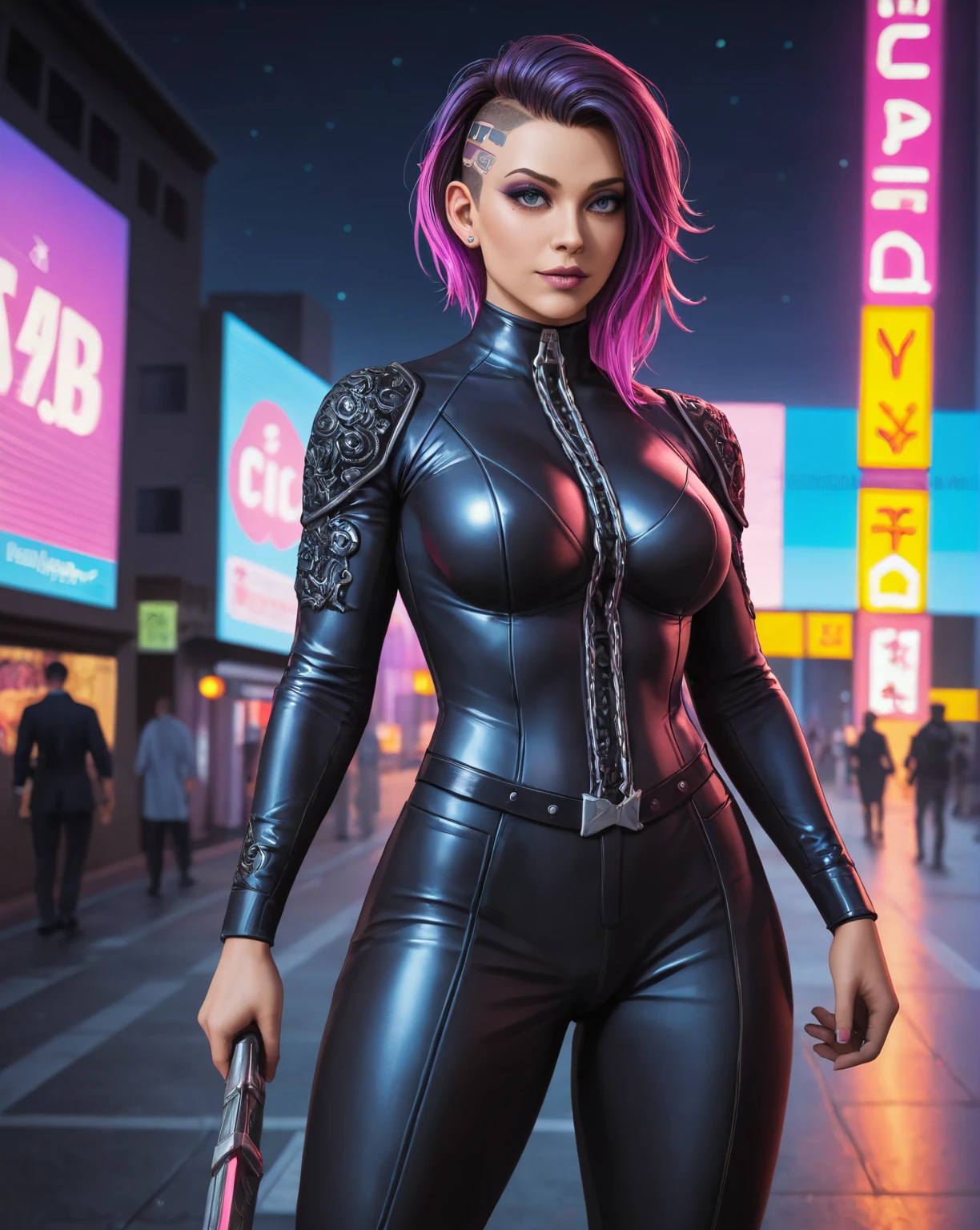 cinematic photo neonpunk style realistic photograph of cyberpunk warrior nun, holding a plasma sword, chain mail armor with leather padding, cyber implants. standing in a city street . cyberpunk, vaporwave, neon, vibes, vibrant, stunningly beautiful, crisp, detailed, sleek, ultramodern, magenta highlights, dark purple shadows, high contrast, cinematic, ultra detailed, intricate, professional , 35mm photograph, film, bokeh, professional, 4k, highly detailed, zPDXL