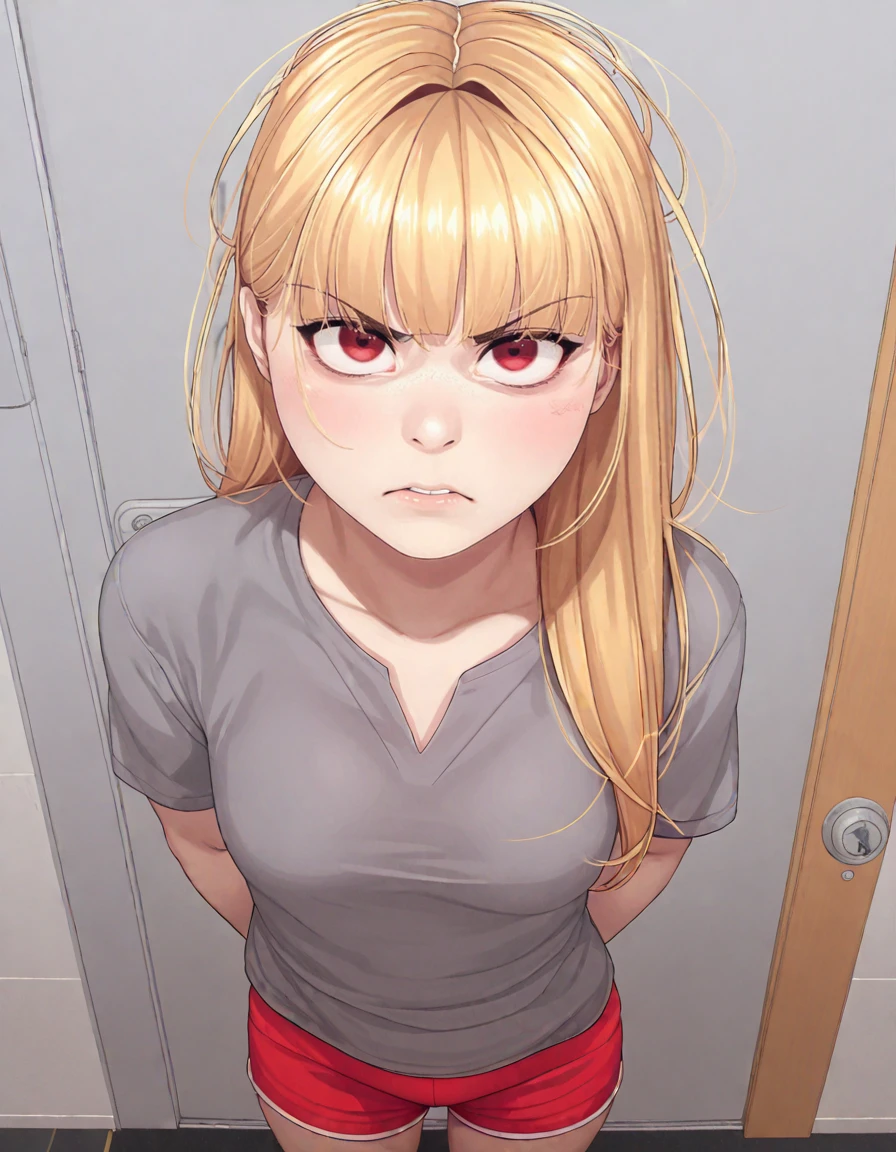 score_9, score_8_up, score_7_up, score_6_up, raw photo, zPDXL, source_realistic, zPDXLxxx, textured skin, skin pores, 1girl, <lora:ddckimsungah-pxl:1>, standing in an apartment doorway, looking up at viewer, from above, arms crossed, huffy, ddckimsungah, red eyes, shorts, shirt, bangs, grey shirt, long hair, blonde hair, angry