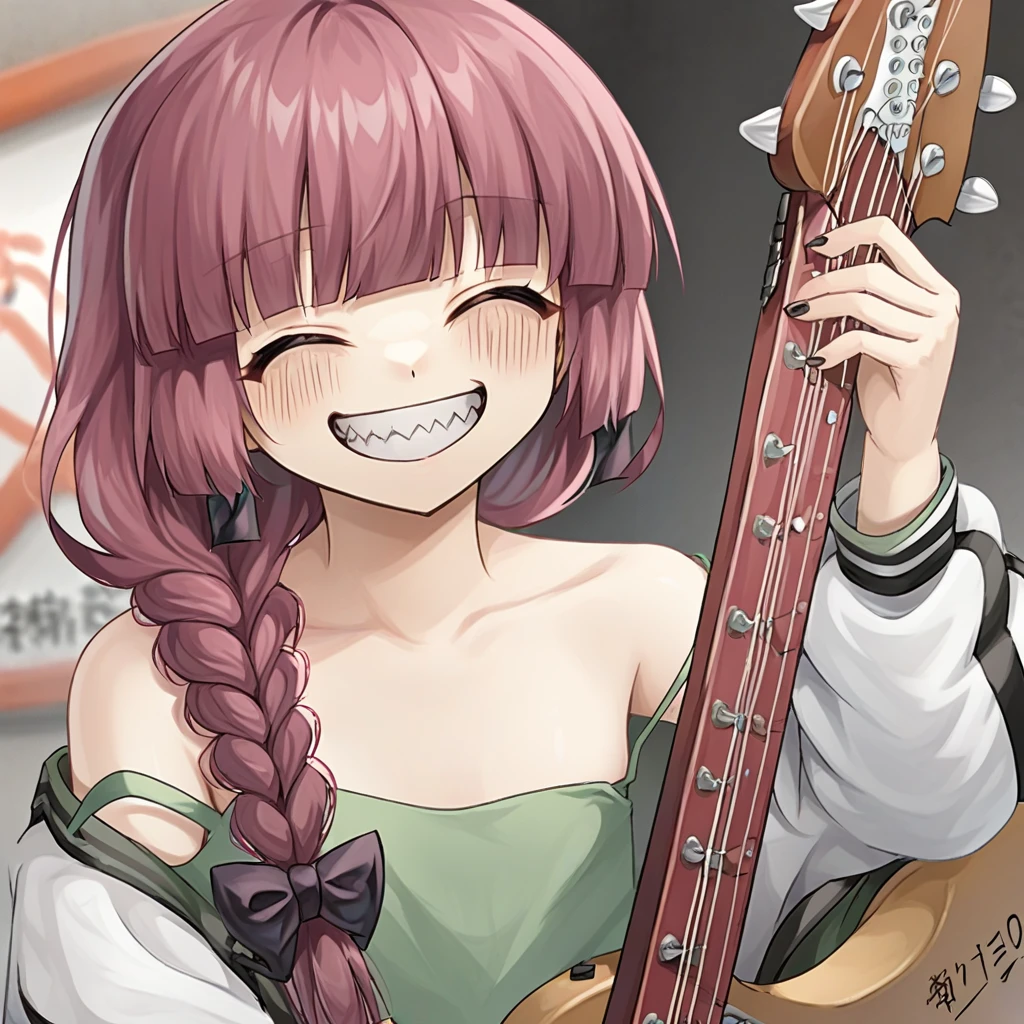 kikuri hiroi, 1girl, solo, braids, smiling, ;p, upper body, V, @_@, eyes open, green shirt, shoulder slip, exposed shoulder, holding  guitar