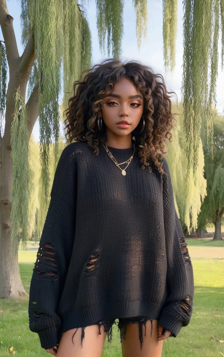 alt girl, (best quality, masterpiece, aesthetic, colorful, dynamic angle, detailed), full body photo of posing woman with (((black skin))) and curly hair wearing oversized ripped black sweater, detailed face with makeup, park with willows, best aesthetic, soft sunlight <lora:alt_fashion:0.6>