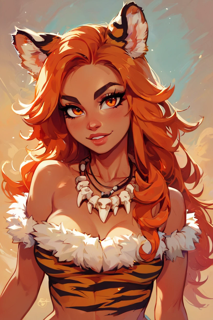 score_9, score_8_up, score_8, medium breasts, (curvy), cute, eyelashes, zzSavage, 1girl, solo, long hair, looking at viewer, animal ears, jewelry, collarbone, upper body, necklace, orange hair, bracelet, lips, orange eyes, fur trim, animal print, tiger ears, tiger print, tooth necklace, bone necklace, tribal, solo, looking at viewer, cowboy shot, <lora:Savage_P1:0.8>,