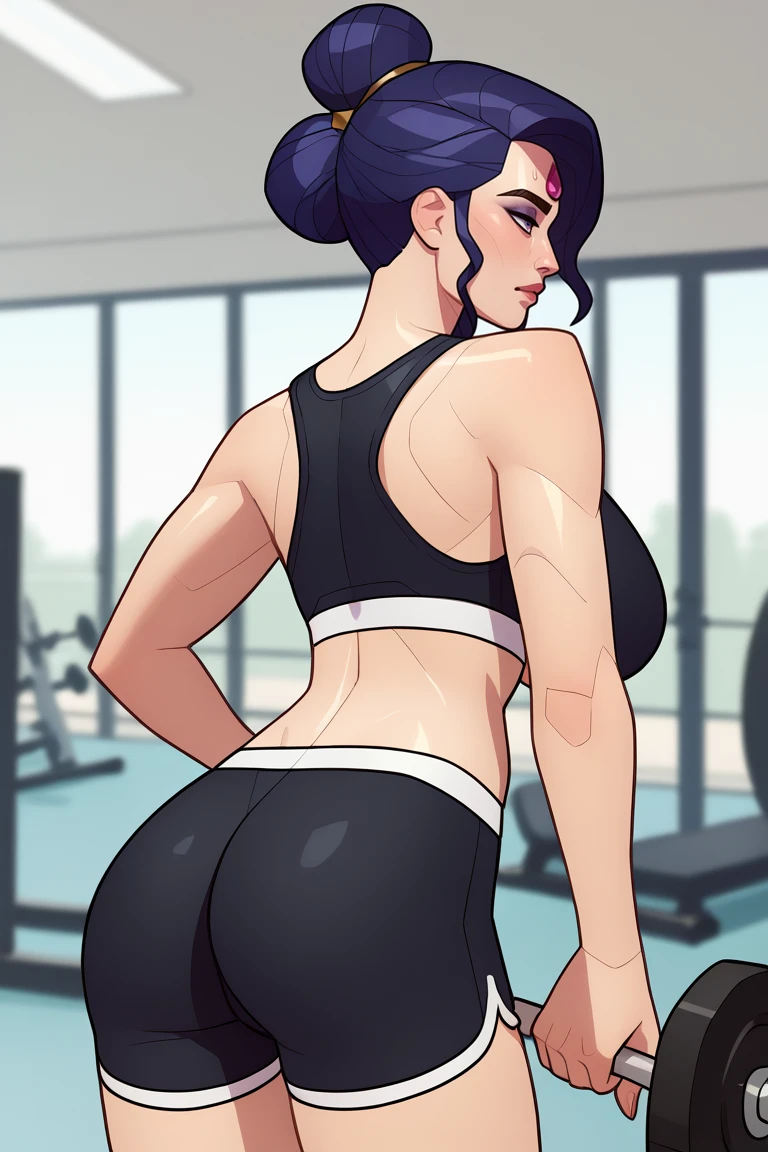 score_9, score_8_up, score_7_up, BREAK, 1girl, solo, large breasts, mature female, <lora:nyx-guy-PONYv1:.9>, nyx, pale skin, forehead jewel, makeup, hair bun, gym, sports bra, shorts, ass,  <lora:balsamique-guy-PONYv1:1>