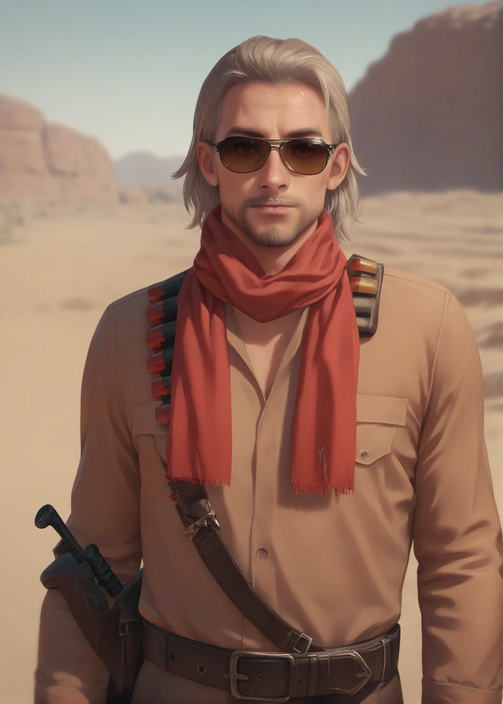 on a horse, desert baclground, <lora:Revolver_Ocelot:0.8> ocelot, facial hair, red scarf, medium hair, sunglasses, khaki shirt, belt, looking at viewer,, BREAK score_9, score_8_up, score_7_up, score_6_up, score_5_up,