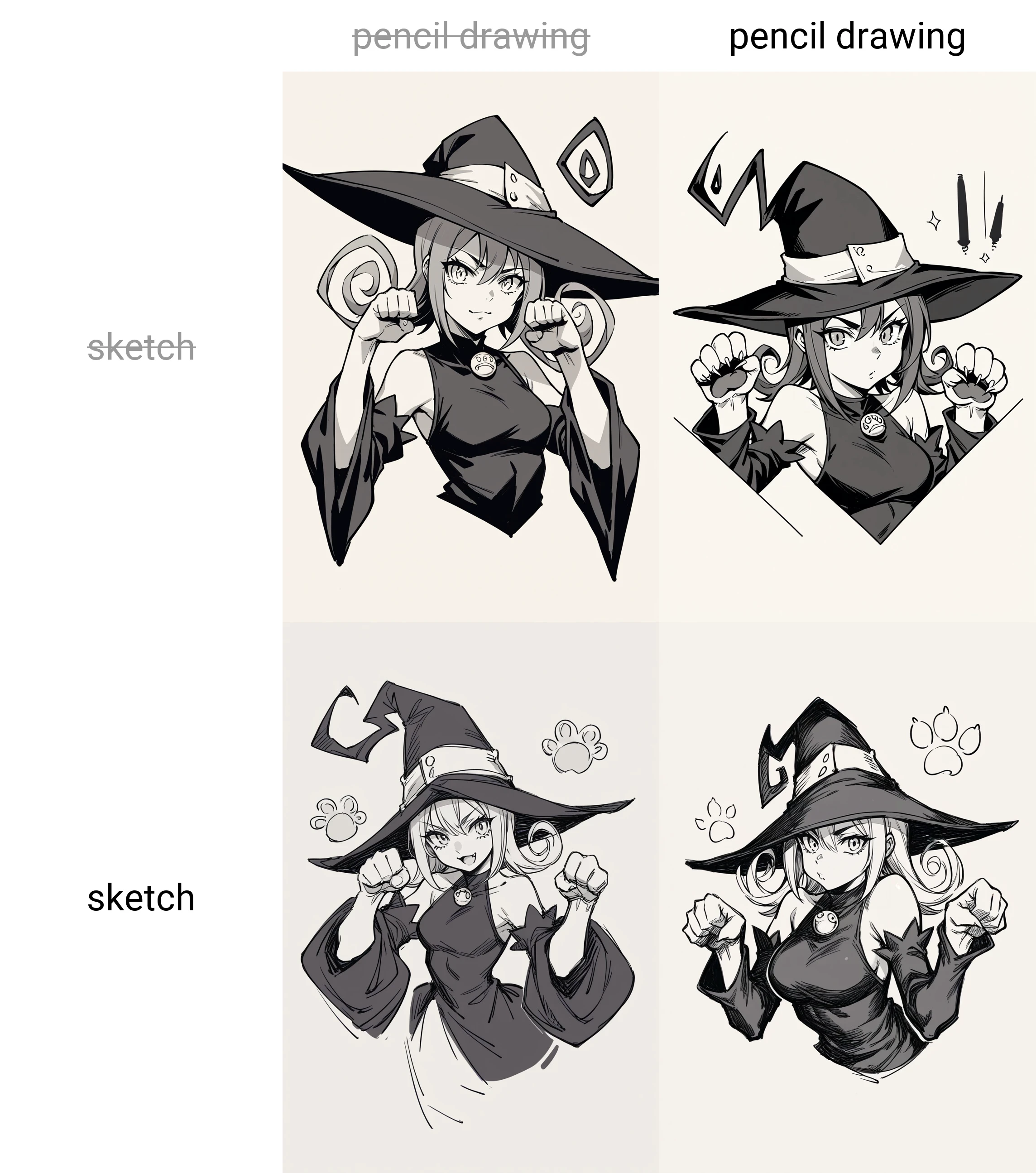 score_9, score_8_up,score_7_up, source_anime, seblair, witch hat, black dress, detached sleeves, black thighhighs, paw pose, :3, monochrome, upper body,
<lora:Potat-pencil_drawing_sketch_v1-USENEG:-1> ,
<lora:souleater_blair_ponyXL:0.8>