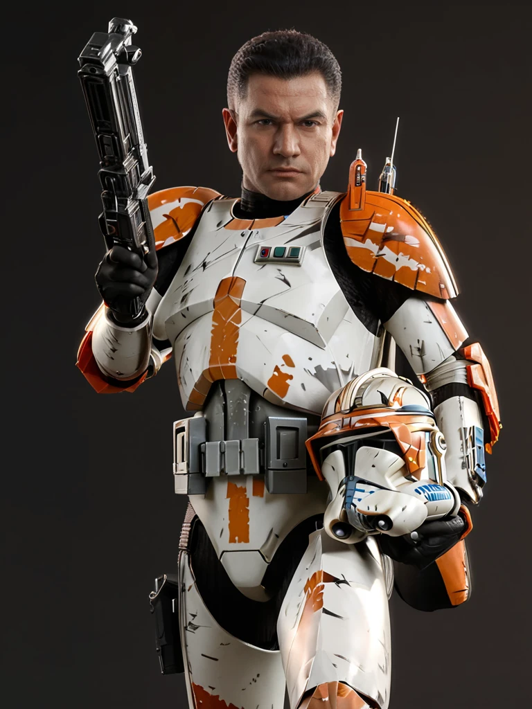 (upper body1.5) shot Star Wars Clone Trooper <lora:CloneTrooper-Prequels:0.8> with orange paint markings holding and aiming a gun, 1boy, weapon, male focus, gun, solo, realistic, helmet removed, rifle, armor, insanely detailed, lifelike, looking at camera, atmospheric, intricate, character photography, 8k, sharp focus, unreal engine 5, volumetric lighting, octane render, vray, character photography, Fujifilm XT3, DSLR, 50mm, ultra-realistic, hyperrealism, authentic star wars atmosphere, masterpiece, trending on artstation