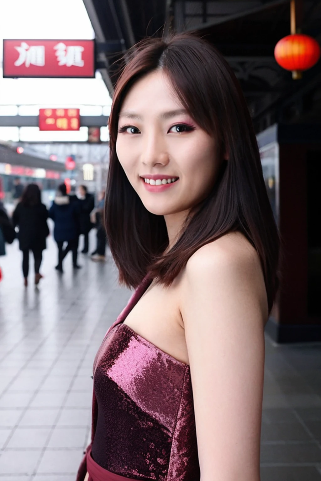 best quality and best aesthetic,a photo of a chinese woman named anya01, <lora:Anya01V40:0.85> Look at the camera and smile naturally,wearing a dress,(makeup,eyeshadow),eyelash,upper body,detailed face, detailed facial features,detailed eyes,face,looking at viewer,Outdoor,train station background, Fujifilm XT3,film still,film grain,cinematic,<lyco:film grainV3:0.4>