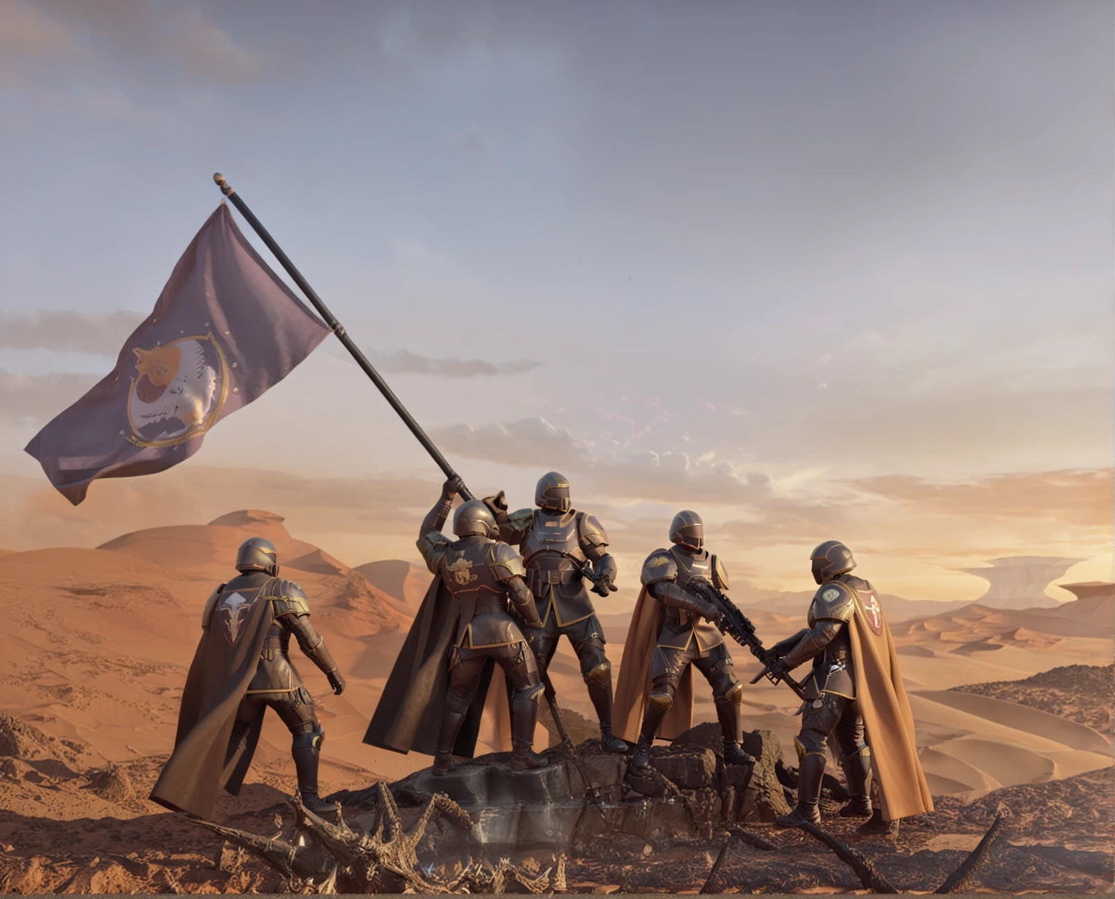 hll style, helldivers are raising a flag, multiple men, armor, cape, flag, weapon, helmet, sky, outdoors, desert, gauntlets