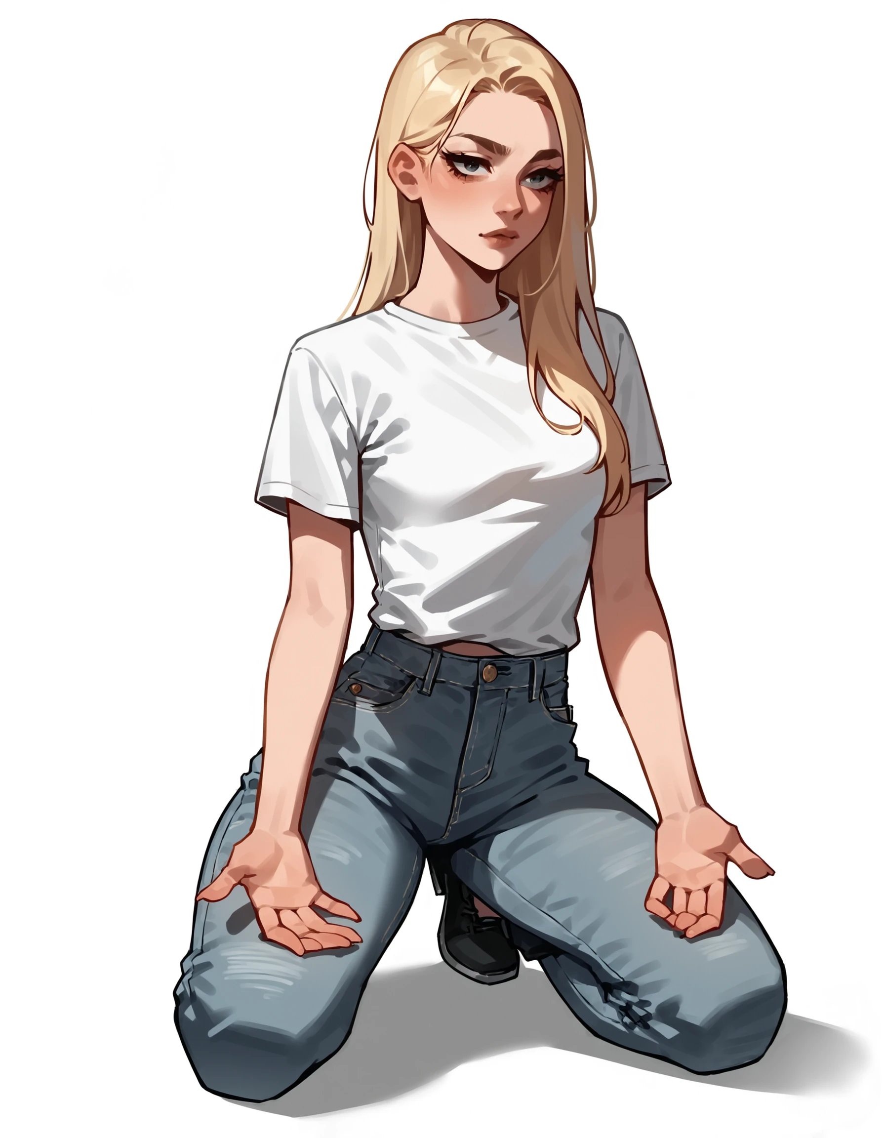 score_9, score_8_up, score_7_up, score_6_up, score_5_up, score_4_up, 1girl, white background, white shirt, kneeling hands on thighs, denim pants, lineart, source_anime, smooth outline, blonde hair