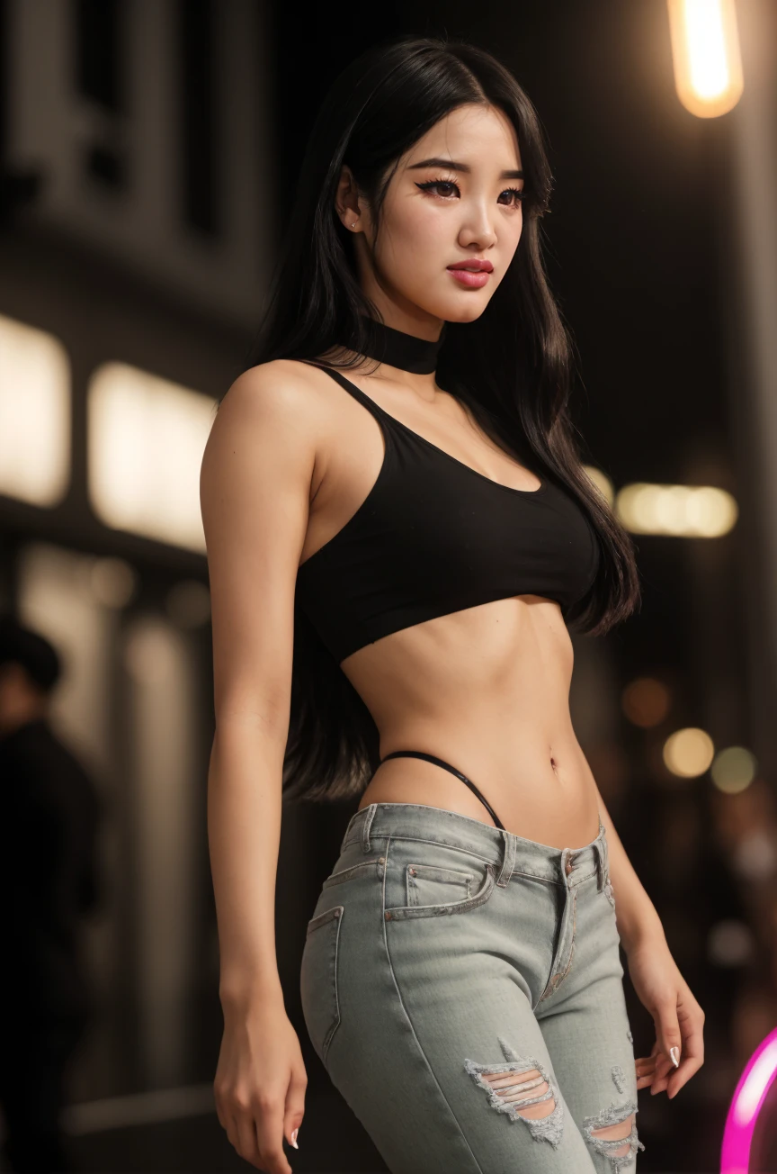 official art,All-in-one 8k wallpapers,very detailed,beautiful,beautiful,Masterpiece,best quality,Full body image from the knees, Qi Chun in the Traditional Gods,Long Lilac Hair,be be busy,be busy),black stripe,purple white lolita,purple flowers,Cinema lights,abstract,little clothes, Wear short clothes, High-waisted denim shorts that sit above the hips...,Showing off a small belly,upper body, Open your stomach wide.,( big breasts, sexy, beautiful, A short crop top partially covers the breasts....,open shoulder,perfect body: 1.3),choker,diamond necklace, Strong body with tight muscles, abdominal muscles, Big hips with tight muscles. see the muscle groove