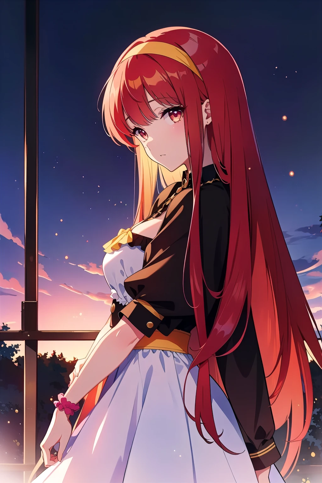 masterpiece, best quality, absurdres, <lora:GoodHands-vanilla:1>, <lora:flat2:0.4>, <lora:add_sharpness:0.2>, <lora:hrr_shiori:0.8> hhr_shiori, 1girl, red hair, long hair, (yellow hair band:1.2), hair band, large breast, standing, from side, looking at viewer, evening,