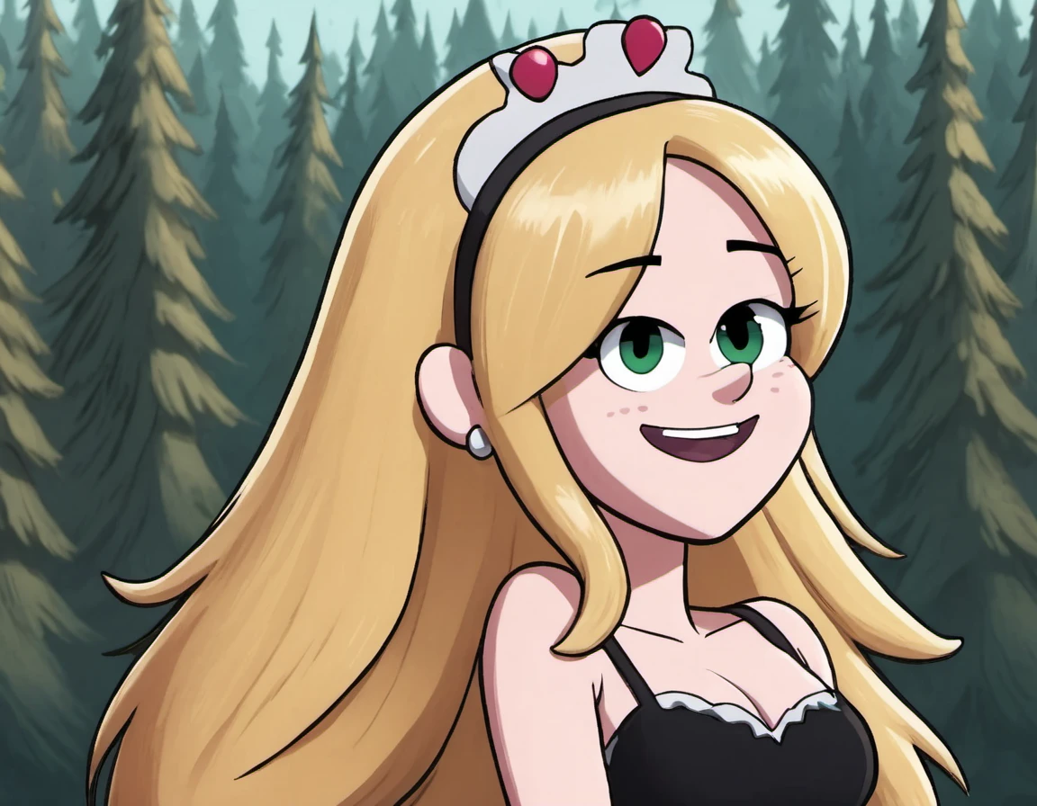 GravityStyle, beautiful gorgeous cartoon Bowsette, (long blonde hair), smiling, in the style of Gravity Falls, forest background