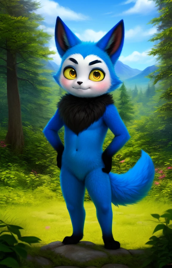 EerieTeleMonster <lora:EerieTeleMonster:0.8> [Forest, path, trees, sky clouds, mountains,]  (Hands on hips, standing,) furry, fluffy collar, yellow eyes, black hands,  yellow sclera
textured fur, solo,  looking at viewer, to his full height,  (beautiful, aesthetic, perfect, delicate, intricate, masterpiece, )  chibi 
[by kenket|by totesfleisch8], by thebigslick:by silverfox5213:0.8], [by syuro, by paloma-paloma::0.2, (Tricksta, TotesFleisch8)