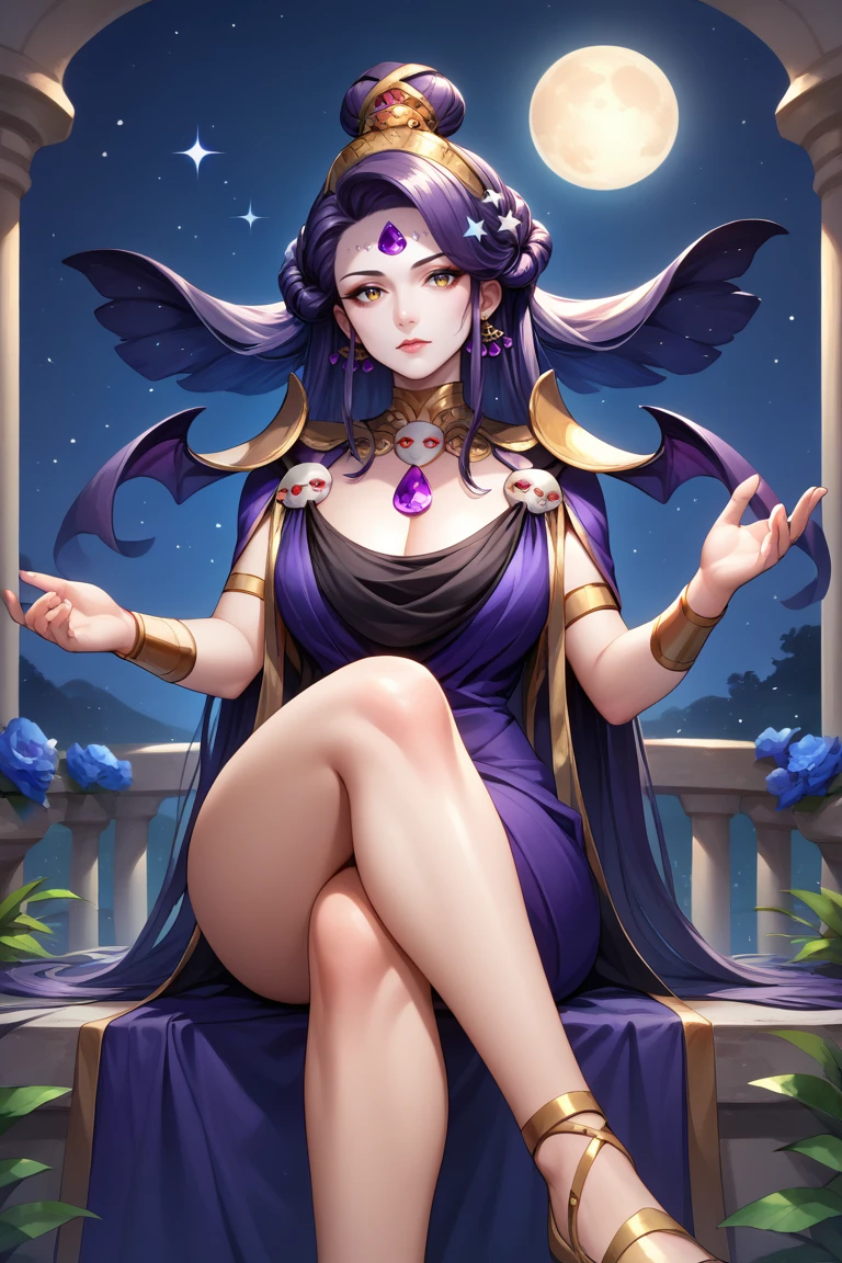 score_9, score_8_up, score_7_up, BREAK, 1girl, solo, breasts,  <lora:nyx-guy-PONYv1:1>, nyx, pale skin, wings, forehead jewel, makeup, hair bun, star \(symbol\), earrings, purple dress, necklace, cleavage, hair ornament, shoulder armor, armlet, bracelet, sparkle, mature female, outdoors, night sky, moon, night, sitting, looking at viewer, crossed legs,