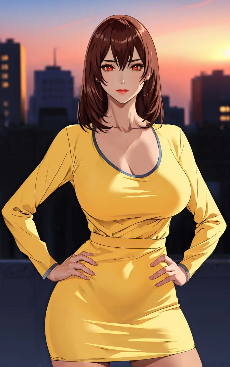 ((masterpiece, best quality, high quality)), insaneres, absurdres, solo, looking at viewer, BREAK 
YellowDressLingeries_RenaAsaoka_ownwaifu,
1girl, brown hair, red eyes, long hair, lipstick, earrings, makeup, lips, bangs, hair between eyes, large breasts, shiny hair, 
yellow shirt, collarbone, long sleeves, dress, pencil skirt, 
(contrapposto, hand on hip), sunset, sidelighting, outdoors, <lora:FAP_CHR_Lingeries_RenaAsaoka_ownwaifu:1> , depth of field 
,