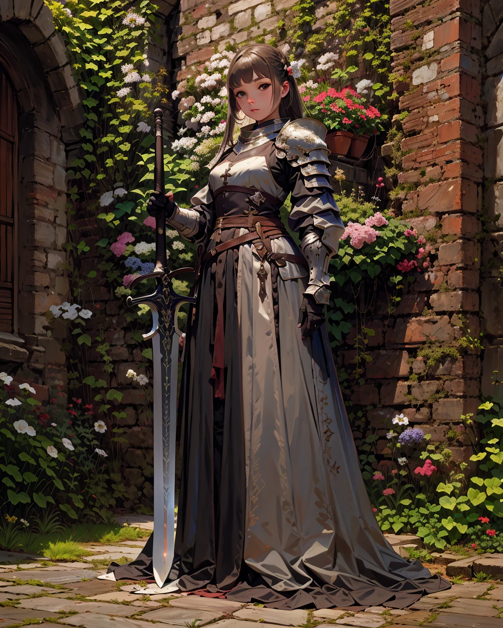 best quality,masterpiece,highly detailed,ultra-detailed, 
å·¨å, solo, holding weapon, holding  buster-sword, gauntlets, looking at viewer brick wall, plants,  flowers,shiled
<lora:neg4all_bdsqlsz_V3.5:-1>  
 <lora:buster-sword:1>, medieval,1girl, full armor <lora:knight:0.3> knight,
<lora:LiquidColloid:-1>, ><lora:cartoonisationer:0.75> <lora:cartoonisationer-21st_ce:1.25>