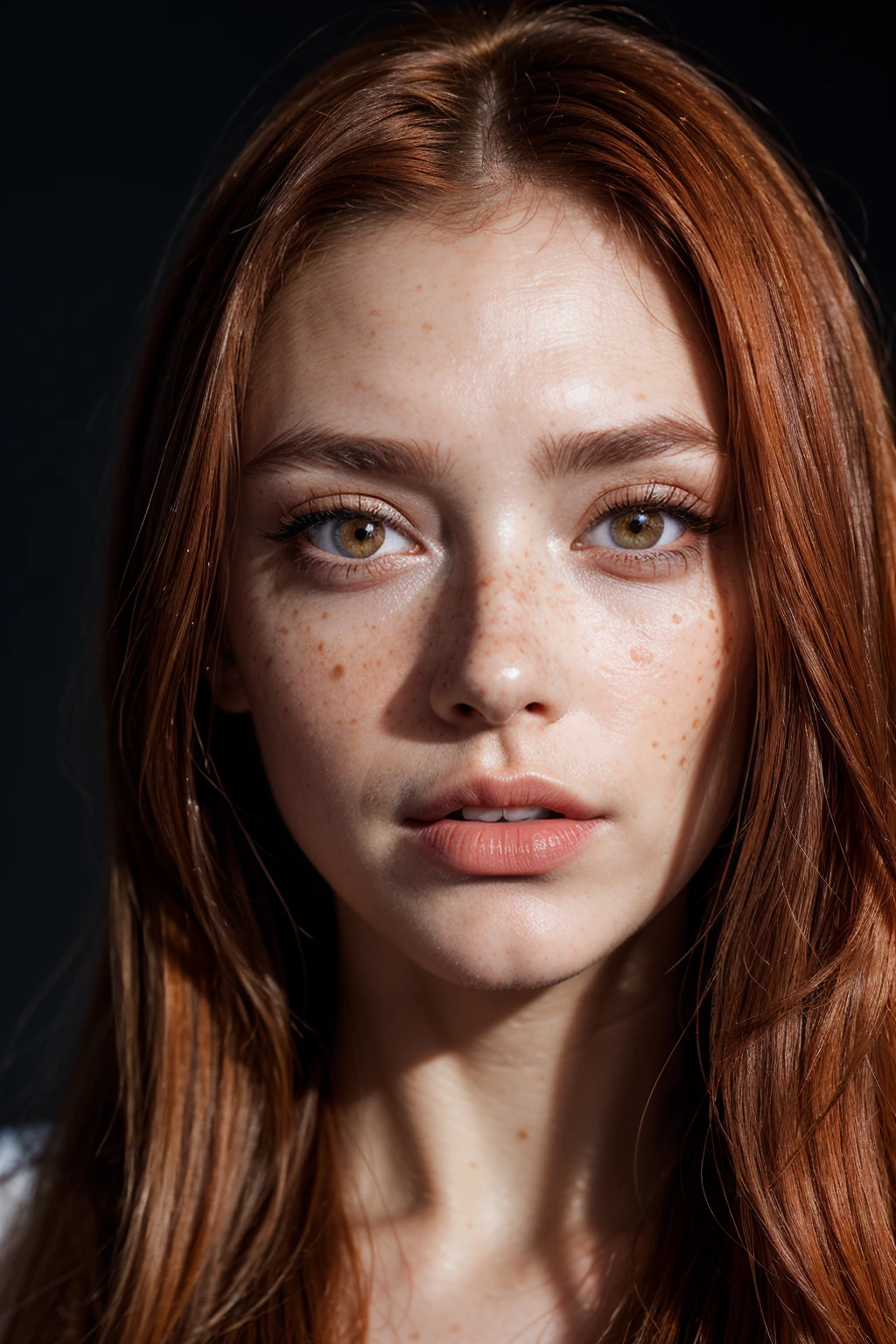 ((Eye-Level Shot)),((Close-Up)),((Glamour Portrait)),(best quality, high quality, sharp focus:1.4), european beautiful woman, (long  orange hair:1.1), (freckles:1.1), mode face, makeup, (light matt lipstick:1.1), look at the viewer, shirt, best quality, realistic , masterpiece, dark theme