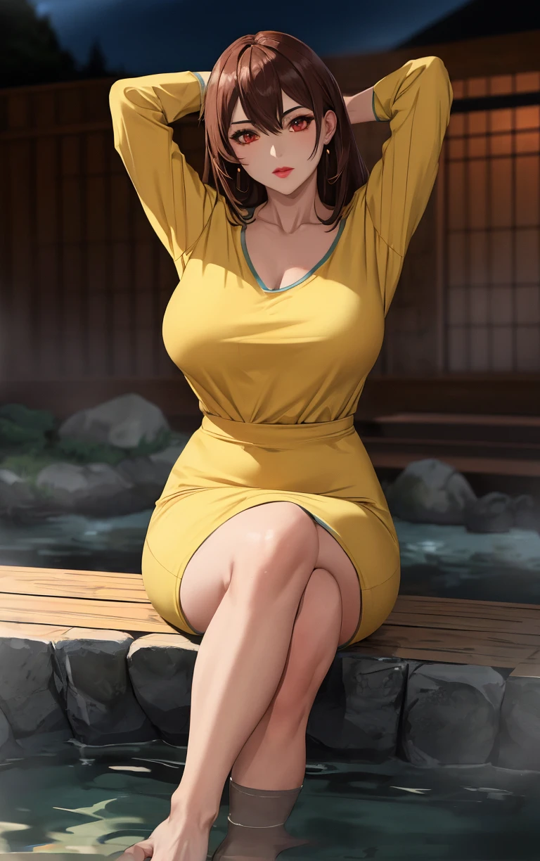 ((masterpiece, best quality, high quality)), insaneres, absurdres, solo, looking at viewer, BREAK 
YellowDressLingeries_RenaAsaoka_ownwaifu,
1girl, brown hair, red eyes, long hair, lipstick, earrings, makeup, lips, bangs, hair between eyes, large breasts, shiny hair, 
yellow shirt, collarbone, long sleeves, dress, pencil skirt, 
(sitting, soaking feet, arms behind head),  onsen, caustics, outdoors,<lora:FAP_CHR_Lingeries_RenaAsaoka_ownwaifu:0.65>, depth of field 
,