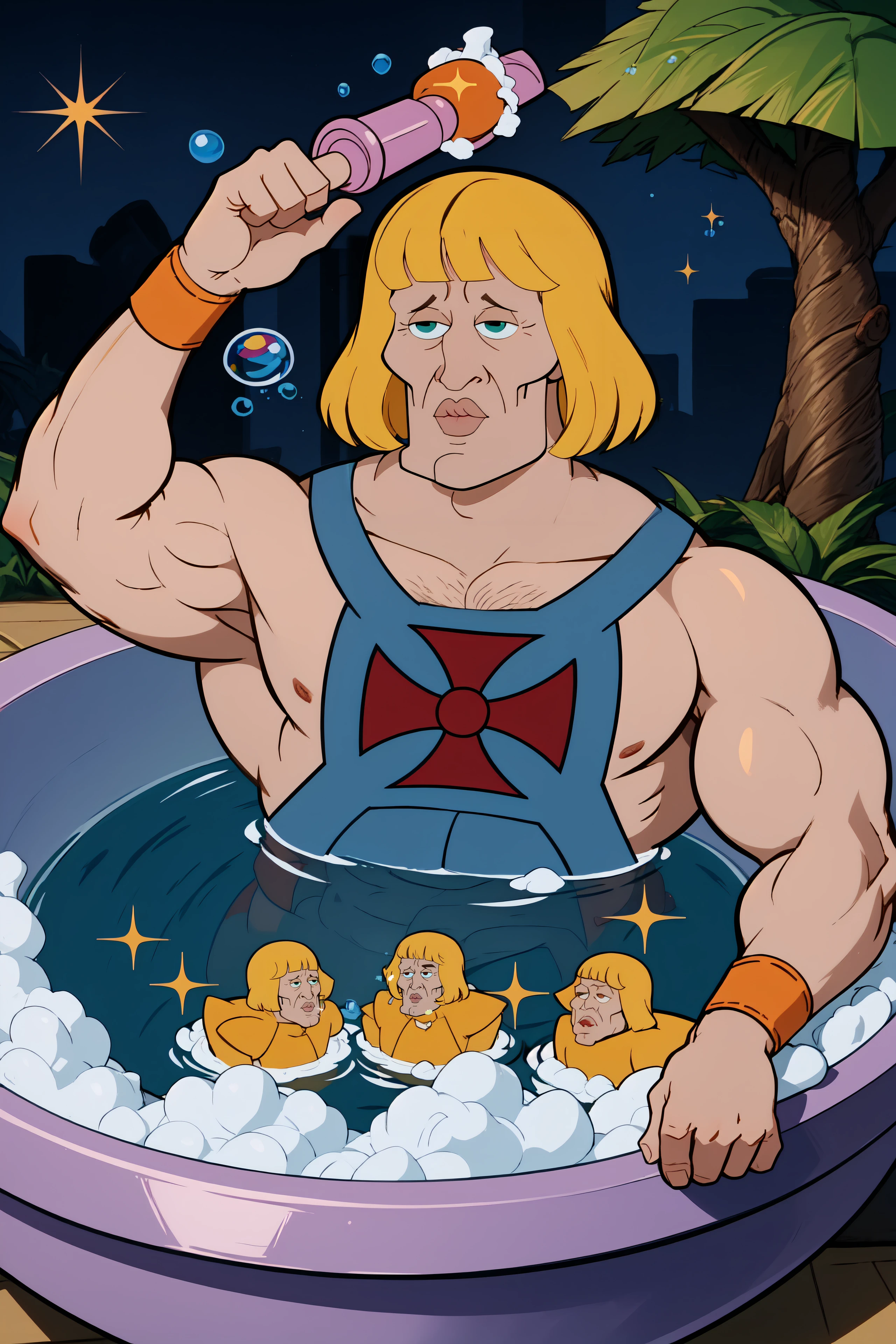 <lora:handsomize_x_v1:1.1> masterpiece, best quality, handsomize, sparkle,  <lora:he-man_offset:0.9> he-man, muscular, parody, style parody, abs, blonde hair, blunt bangs, wristband, retro artstyle, manly, upper body, orange hair, bangs, bathtub, bubble bath, reclined, rubber duck, toys, playing with toys, soap, bubbles, scenery, pov, hand up