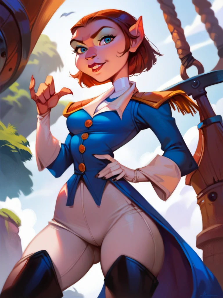 (AmeliaCapWaifu:1), 1girl, curvy, (blue uniform, thighhighs, thigh boots, gloves, hat, epaulettes, pants), looking at viewer, cute pose, smile, :D, (big breasts:1.2),
(masterpiece:1.2), (best quality, highest quality), (ultra detailed), (8k, 4k, intricate),(full-body-shot:1),(Cowboy-shot:1.2), (50mm), (highly detailed:1.2),(detailed face:1.2), detailed_eyes,(gradients),(ambient light:1.3),(cinematic composition:1.3),(HDR:1),Accent Lighting,extremely detailed CG unity 8k wallpaper,original, highres,(perfect_anatomy:1.2), solo, wide shot,
(detailed ladscape, boat, sea:1.2),(detailed background),(dynamic_angle:1.2), (dynamic_pose:1.2), (rule of third_composition:1.3), (dynamic_perspective:1.2), (dynamic_Line_of_action:1.2),
