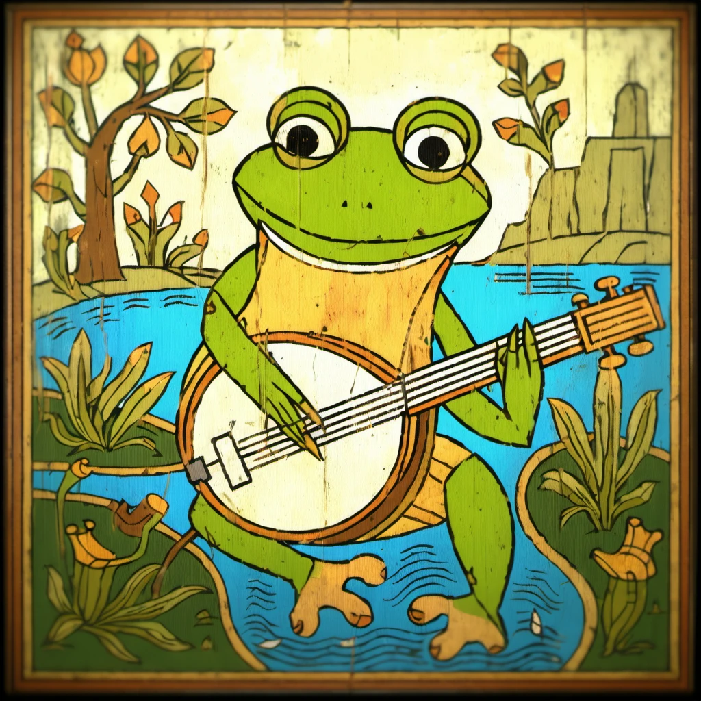 Anthropomorphic frog playing the banjo