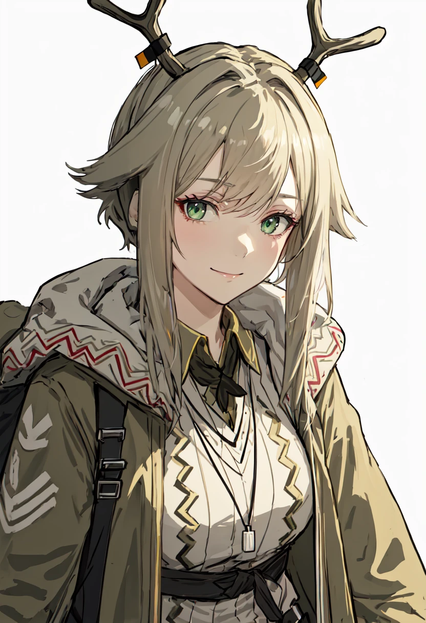 best quality, masterpiece, highres, solo, (firewatch_arknights:1.10), 1girl, closed mouth, upper body, open jacket, collared shirt, simple background, animal ears, reindeer antlers, smile, hood down, long sleeves, looking at viewer, white background, 4 <lora:firewatch_arknights:0.80>