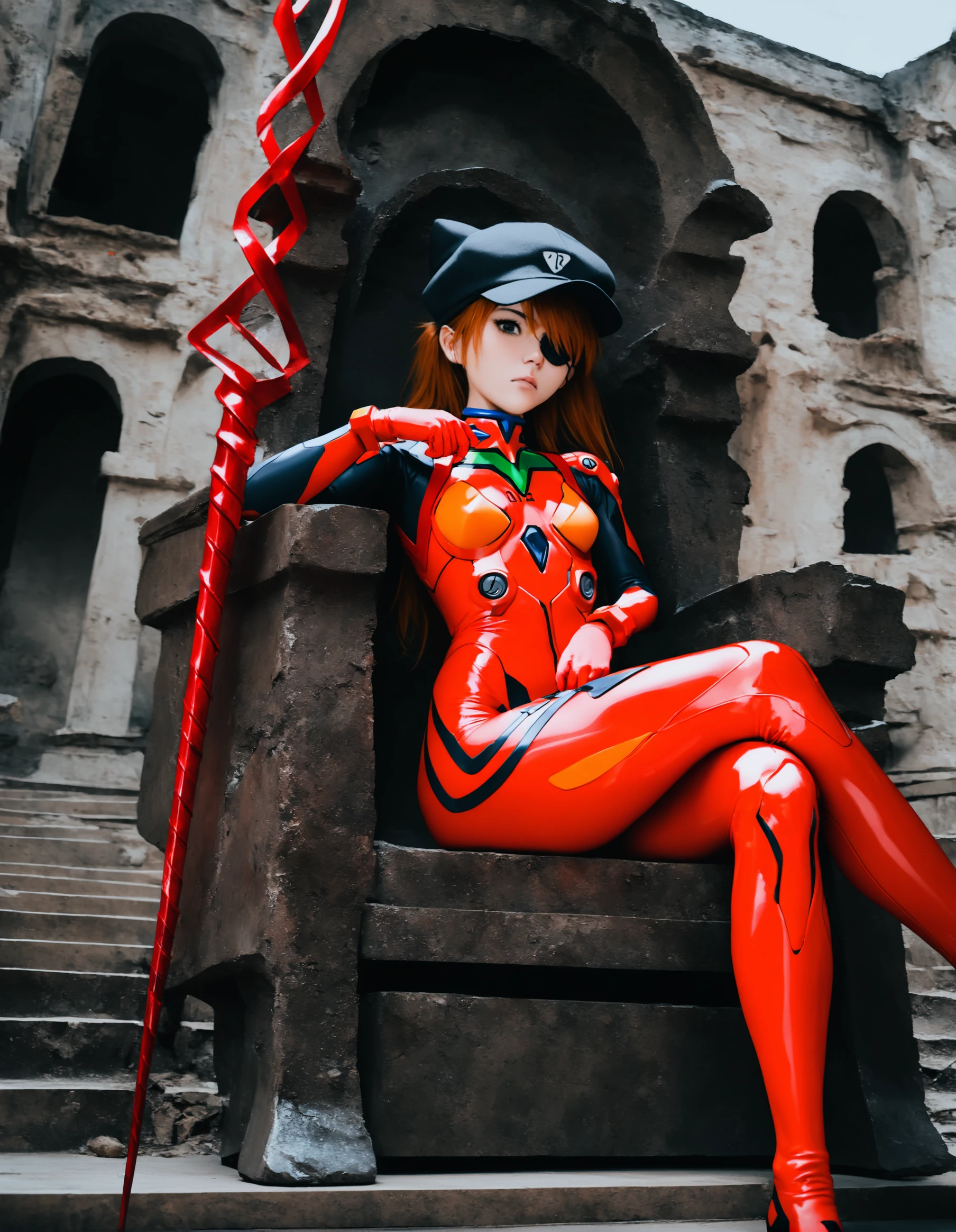 masterpiece, best quality,very aesthetic, absurdres, <lora:a31cosv2_last:2>,
1girl, souryuu asuka langley, neon genesis evangelion, rebuild of evangelion, lance of longinus, cat hat, plugsuit, pilot suit, red bodysuit, sitting, crossed legs, black eye patch, throne, looking down, from bottom, looking at viewer, outdoors,