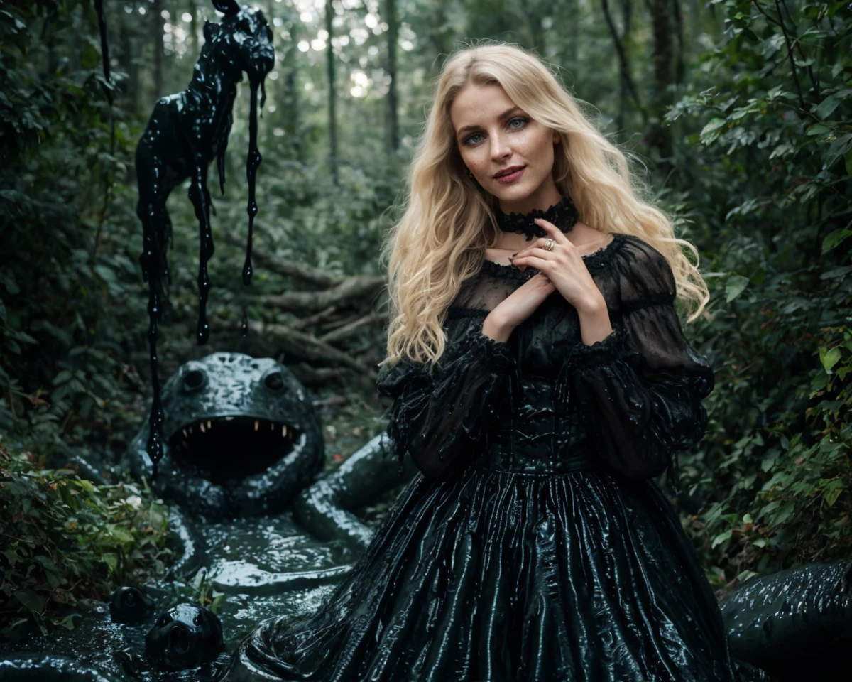 epiCPhoto, (atmospheric cinematic still, full body:1.15), (woman-animal hybridization chimera:1.3) , (innocent slender Slavic woman:1.175) wearing an awkward Victorian dress with black lace and frilly sleeves and a weird pattern, (modelshoot style, analog style, strong gloom:1.125), (correct_fingers, feminine_anatomy, correct_eyes:1.15), (cute nose:1.1), remarkable epic nature landscape, (eerie black slime monster:1.35) in smooth background, playful expression, cluttered jungle with lots of wet woods, moist skin wet texture, smile, long blonde hair, jewelry, (teeth, grin:0.75), (joyful, turbulent emotions:1.165), (realistic hands:1.225),(wet dark carbon boulders:0.75), (gray-blue-green:0.7), (f_stop 2.8, f2.8 :0.3), (cinematic still, feminine_anatomy, correct_eyes, bokeh:1.2), (realistic correct_hands, feminine_anatomy, artistic dynamic pose:1.15), realism, incredibly lifelike, perfect proportions, realistic skin details, ultrasharp, ultradetailed, good quality <lora:breastsizeslideroffset:-0.15>