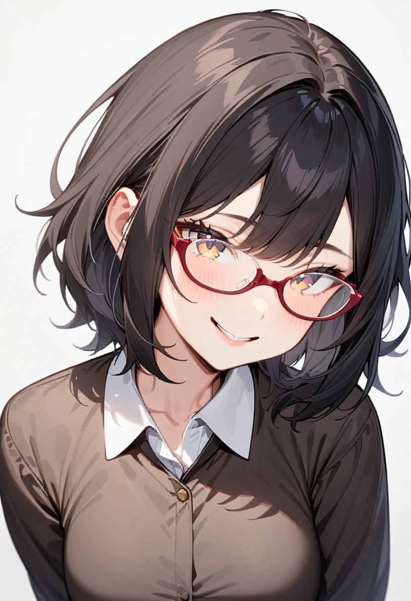 masterpiece, best quality, very aesthetic, absurdres,
1girl, solo, underrim_cell, glasses, black hair, medium hair, smile, looking at viewer, white background, upper body, collared shirt, red-framed eyewear, 
 <lora:under_rim_glasses_cell-frame_SDXL_V1:0.6>