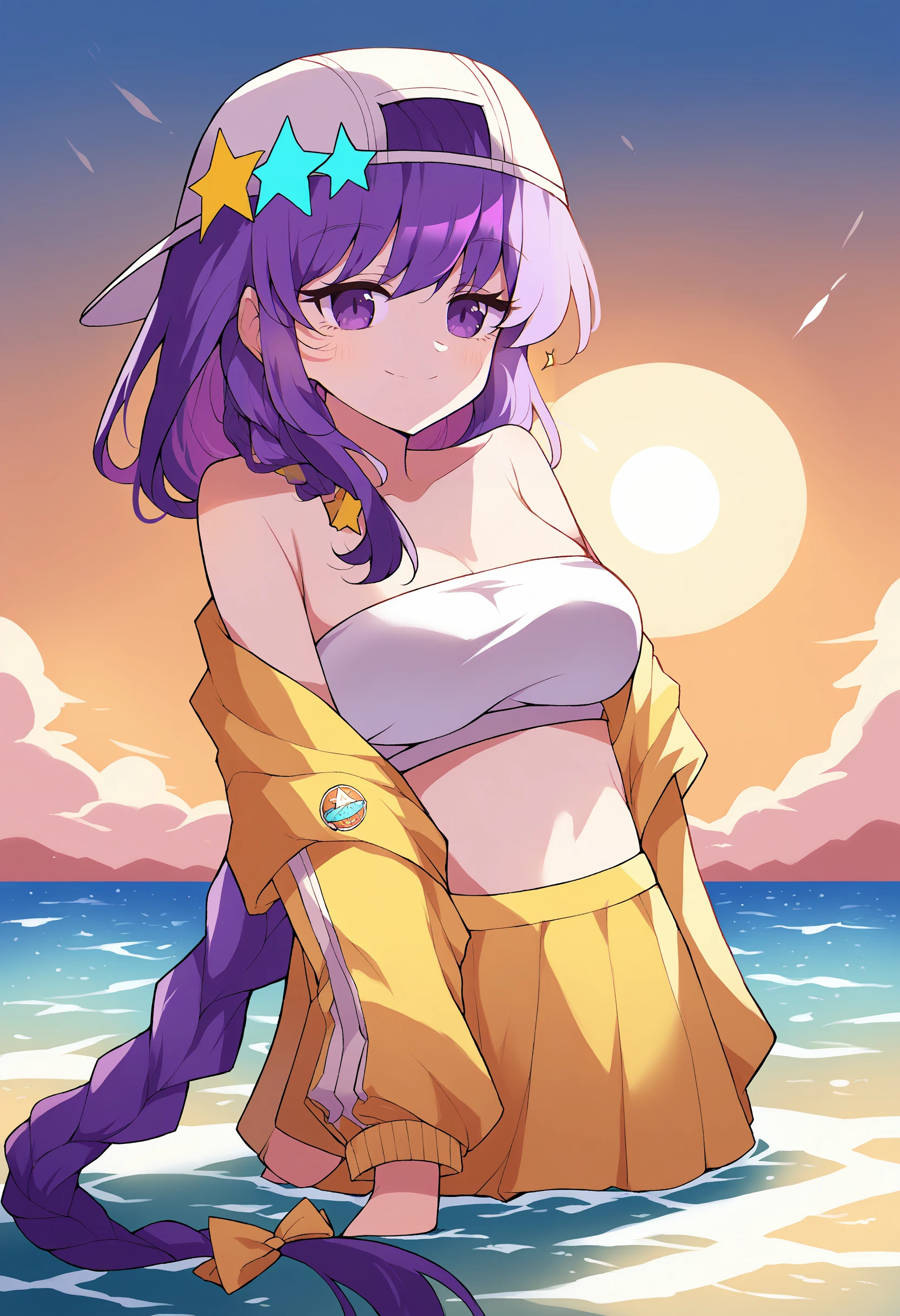 score_9, score_8_up, source_anime, 1girl, solo, BBSummer, purple eyes, purple hair, very long hair, single braid, baseball cap, backwards hat, star hat ornament, yellow jacket, off shoulder, white bikini, bandeau, yellow skirt, ocean, sunset, wading, smile, warm lighting, backlighting, <lora:ChamBBFatePonyXL:1>,   <lora:Hagoonha-Style-PonyXL-Final-000013:1>