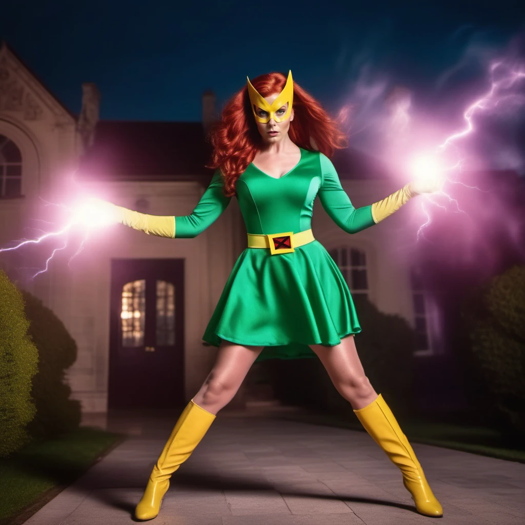 cinematic film still a full body redhead woman wears a green dress and a yellow mask and yellow highboots, powerfull superhero, casting a powerfull spell, dramatic pink ball lightning from hands, old mansion background <lora:MarvelGirl1024:0.8> . shallow depth of field, vignette, highly detailed, high budget, bokeh, cinemascope, moody, epic, gorgeous, film grain, grainy