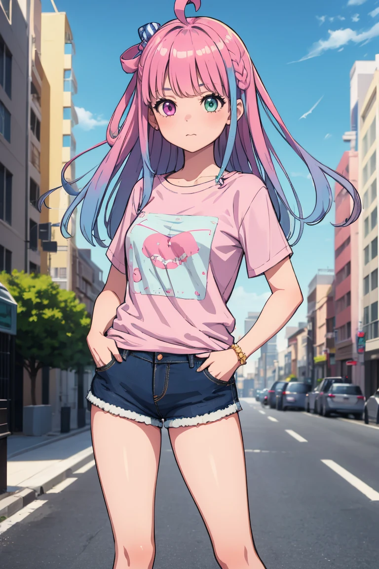 masterpiece, best quality, absurdres, 1girl, solo, HimemoriLuna, heterochromia, long hair, hair rings, candy hair ornament, t-shirt, denim shorts, standing, outdoors, city, hands in pockets, <lora:HimemoriLuna:1>