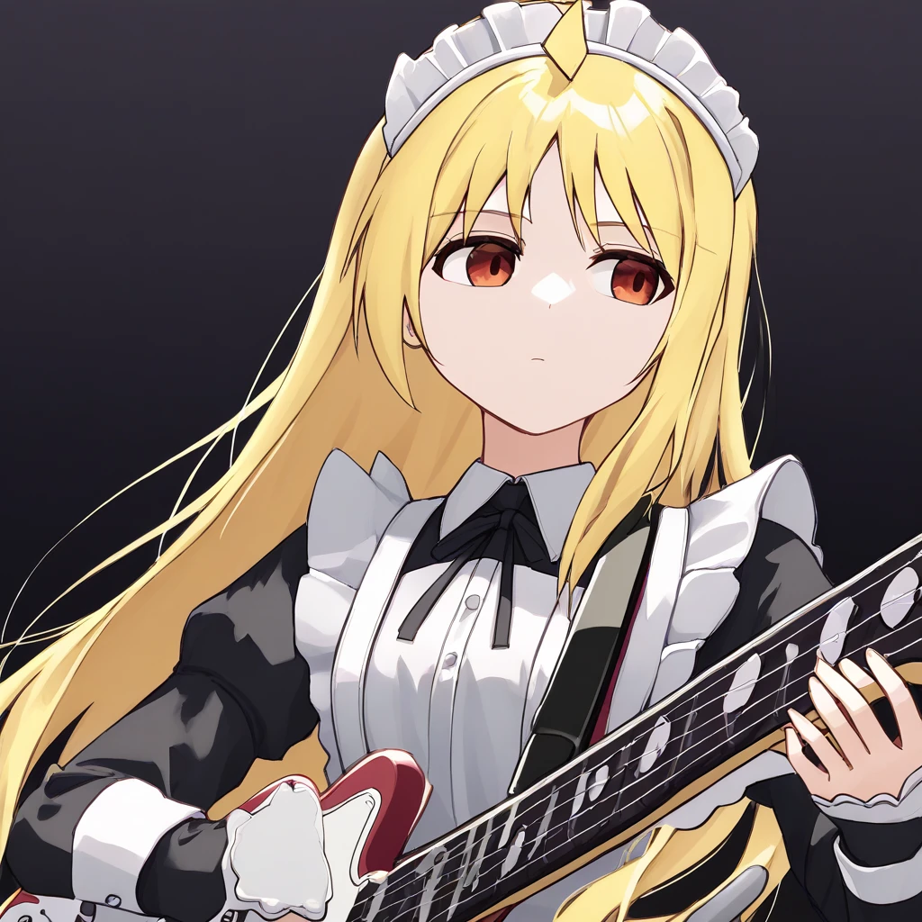 seika ijichi, 1girl, solo, yellow hair, long hair, expressionless,  maid costume, maid headress, enmaided, frills, black background, upper body, , holding guitar, guitar, bass guitar, 