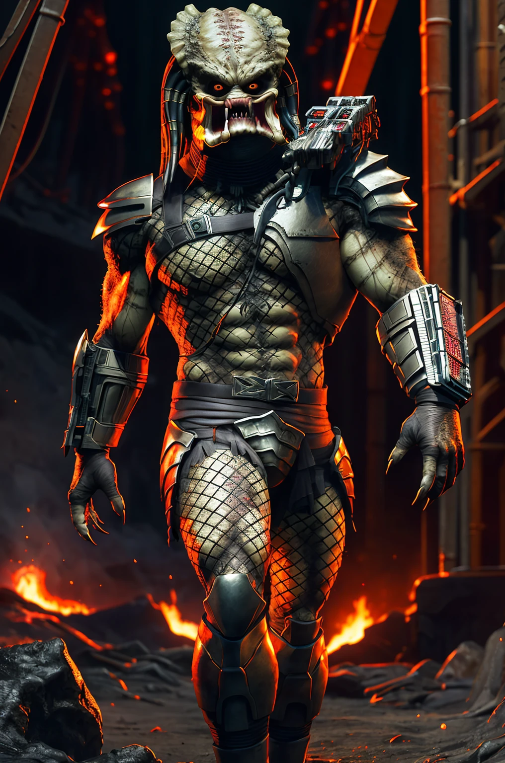 highres,best quality, masterpiece, detailed background,hell,molten rock, fire
Yautja,predator \(movie\), monster,male,solo,armor,sharp teeth,fishnets,walking at viewer,looking looking at viewer, full body ,yellow eyes, long shot,five fingers  <lora:Yautja:1>