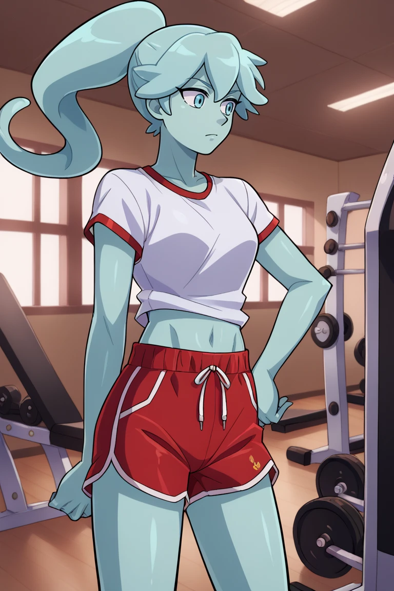 score_9, score_8_up, score_7_up, BREAK, 1girl, solo,  <lora:pollygeist-guy-PONYv1:.85>, pollygeist, blue skin, monster girl, ponytail, dolphin shorts, red shorts, white shirt, midriff, gym,