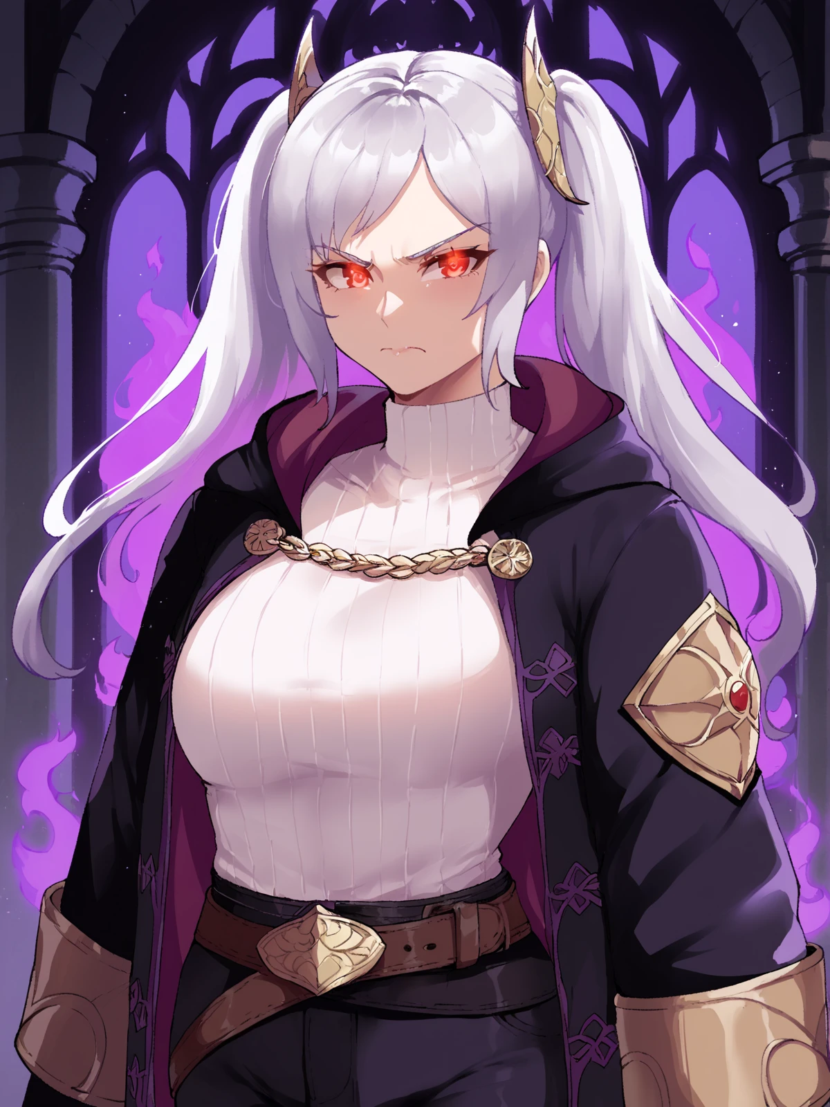 nyantcha, score_9, score_8_up, score_7_up, source_anime BREAK robin (fire emblem), 1girl, solo, long hair,   detailed background, indoors, castle, red eyes,  twintails, closed mouth,  white hair, grey hair, glowing, glowing eyes,   aura, dark persona, dark aura, robin (fire emblem) (female),robe, ribbed shirt, hooded robe, boots, trousers, evil,  black gloves,  belt, dim lighting,  purple fire, upper body, angry,