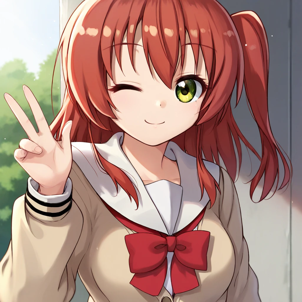 ikuyo kita, 1girl, solo, red hair, serufuku, cardigan, upper body, V, wink, ;p, side ponytail, sidelock, medium breasts