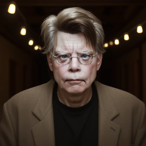 1boy, solo, steking, old, glasses, looking at viewer, focus on face, portrait, anger, blurred background, rustic interior, vintage lights  <lora:Stephen_King:1>