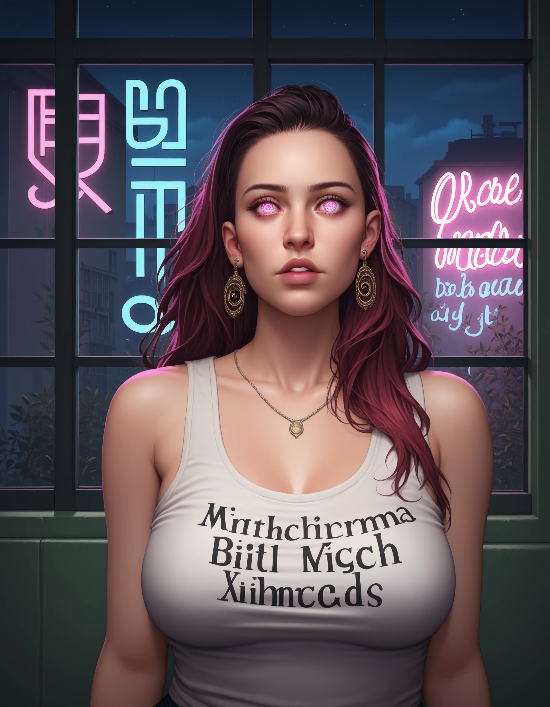 Transgender Female, Kitch, solo, voluptuous, long hair, large breasts, shirt, jewelry, upper body, earrings, parted lips, indoors, window, night, tank top, clothes writing, neon lights, specular highlights, detailed face, detailed eyes, upper body, portrait, zPDXL PonyXLV6_Scores