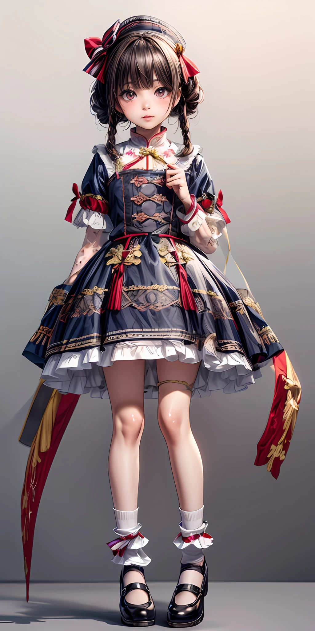 (masterpiece,ultra-detailed,best quality,8K,CG,illustration,shaved:1.0),(petite girl:1.0) <lora:more_details:1>, simple background,
<lora:jyoji fuku v21.0:0.5> jyojifuku, ofuda, braid, ribbon, socks
