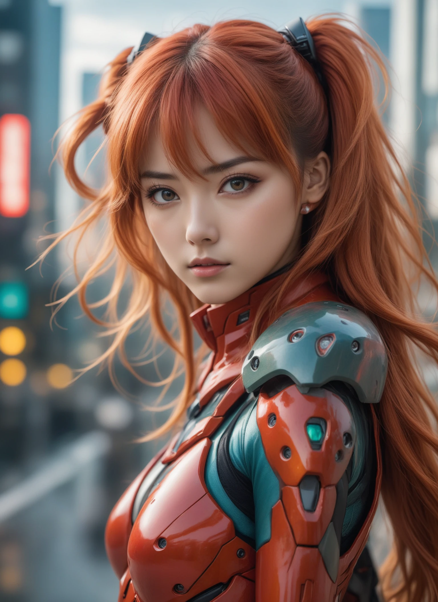 Medium close-up realistic 8K raw photography, (Captivating Asuka Langley Soryu portrait:1.3), Balanced composition, Piercing gaze, Intricate attire, (Emotive expression:1.2), Urban cityscape background, Contrasting colors, (Soft natural light:1.3), Shot with a Nikon D850, Nikkor 85mm f/1.4 lens, Crisp details, Realistic skin tones, Emotional depth