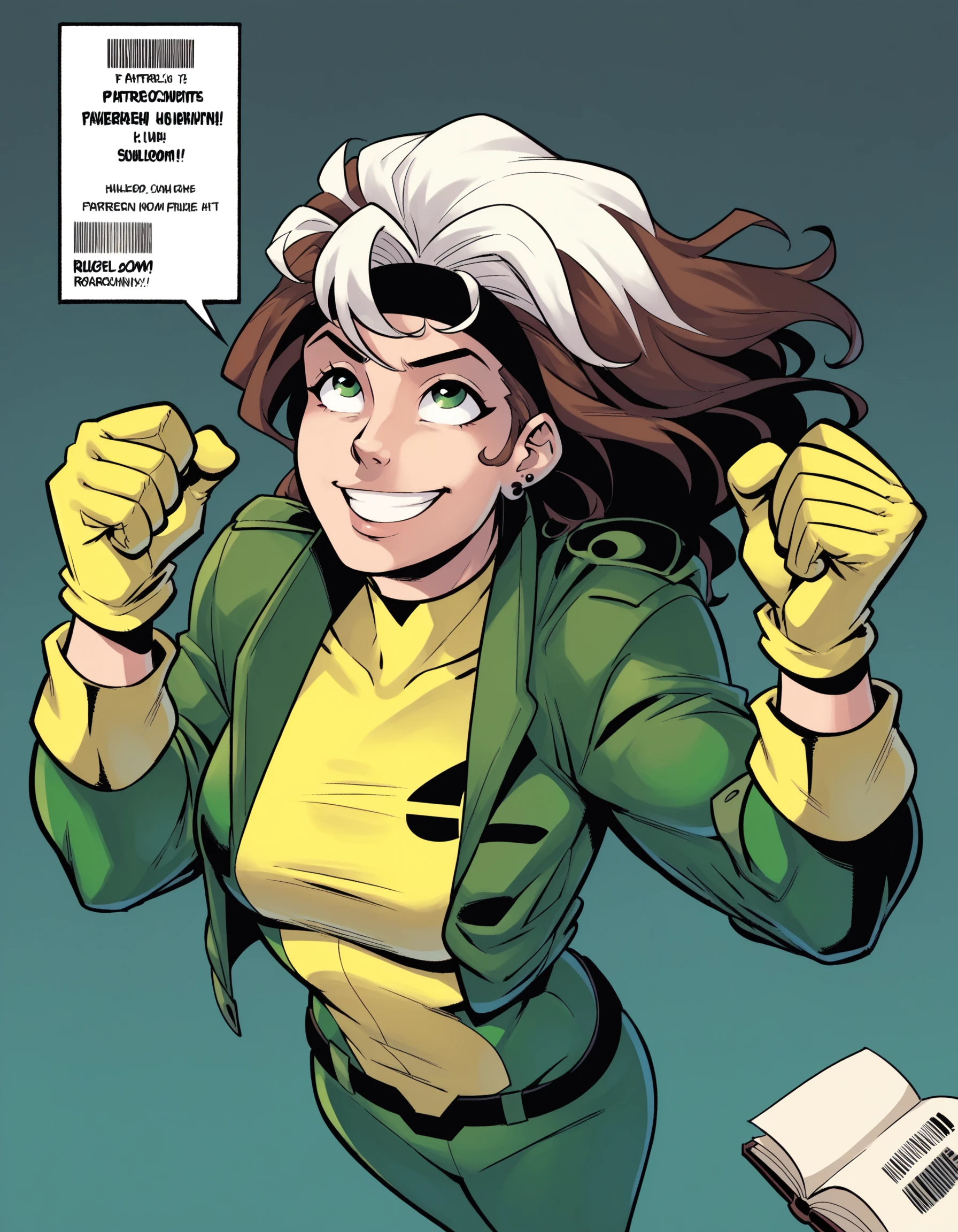Ringo! Style, 1girl, solo, long hair, smile, brown hair, gloves, jewelry, medium breasts, green eyes, jacket, white hair, multicolored hair, earrings, bodysuit, headband, looking up, clenched hand, multicolored clothes, clenched hands, green jacket, superhero, yellow gloves, barcode, black headband, green bodysuit, yellow bodysuit, PnyCmicPosXL, <lora:RingoStylePonyXL:1>